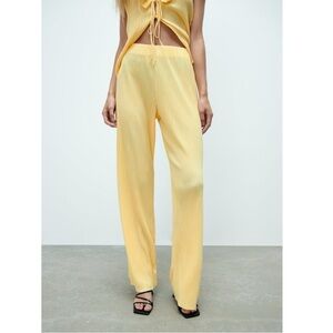 ZARA Crinkle Pleated High Rise Elastic Pull On Flowy Wide Leg Trouser Pants M